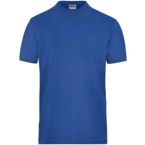 A blue men's stretch T-shirt with a round neck and short sleeves, featuring a logo on the label.