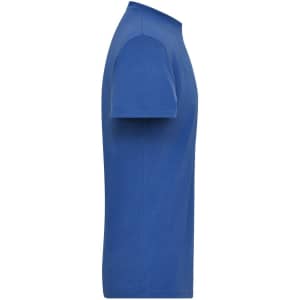 A blue men's t-shirt with short sleeves, featuring a logo on the side.