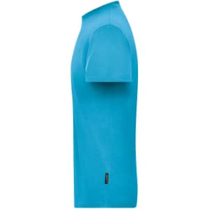 A side view of a turquoise men's work t-shirt with short sleeves and a logo.