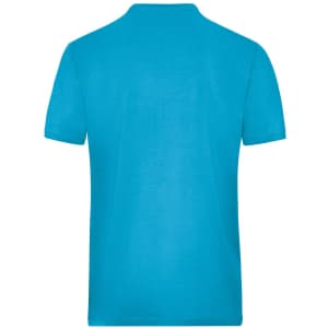 A bright turquoise men's t-shirt with a classic crew neck and short sleeves, featuring a logo on the back.