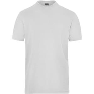 A plain grey short-sleeved T-shirt with a round neck and a logo on the upper tag area.