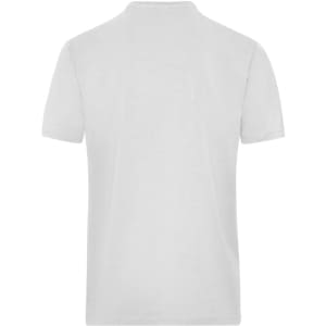 A white short-sleeve work t-shirt with a plain back and a logo on the neck area.