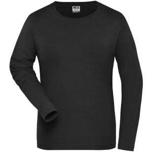 A black long-sleeve shirt with a round neckline and one visible arm. It features a logo on the label.