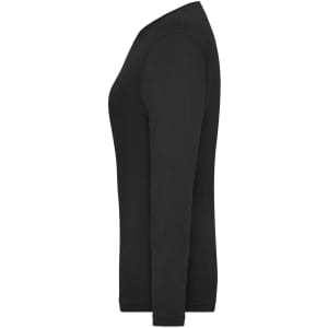 A black long-sleeve women's t-shirt with a fitted silhouette and a logo on the side.