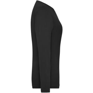 A black long-sleeve women's t-shirt featuring a slim fit and a branding logo on the fabric.