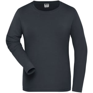 A dark grey long-sleeve T-shirt with a round neck and a branding logo on the label.
