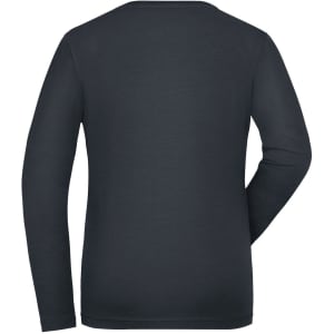 A dark grey long-sleeve T-shirt with a plain back and fitted design. It features a branding logo.