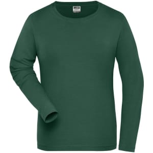 A long-sleeve t-shirt in a rich green colour, featuring a round neckline and a simple design with a logo.