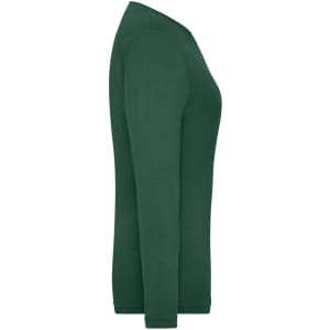 A green long-sleeve women's t-shirt with a fitted design and a simple silhouette. It has a logo on the garment.