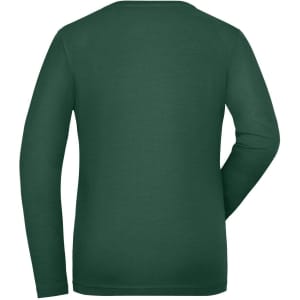 A long-sleeve, dark green ladies' t-shirt with a simple design and a smooth fabric finish. It has a logo on the back.