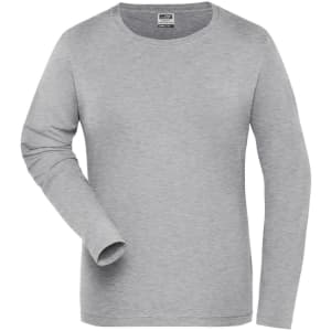 A grey long-sleeve women's T-shirt with a round neckline and a logo on the inside tag.
