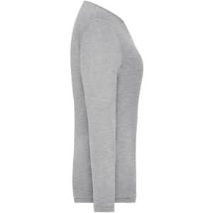 A light grey long-sleeve t-shirt with a fitted silhouette and a logo featured.