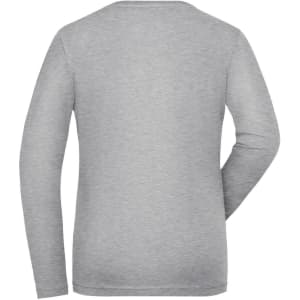 A grey long-sleeve women's T-shirt featuring a simple design and a back view. It has a logo on the back.