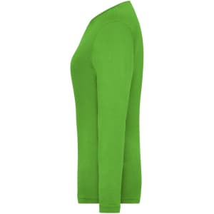 A green long-sleeve t-shirt displayed in profile view, featuring a logo on the fabric.