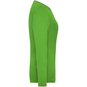 A green long-sleeve women's t-shirt with a fitted design and branding on the side.