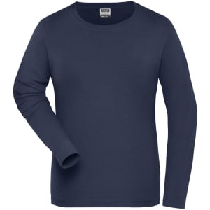 A navy blue long-sleeved women's T-shirt with a round neckline and one visible arm. It features a logo on the label.
