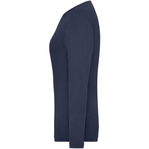 A navy long-sleeve t-shirt with a fitted silhouette and a simple design. It features a logo on the side.