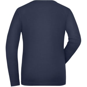 A navy long-sleeved t-shirt for ladies, featuring a simple design and a logo on the back.