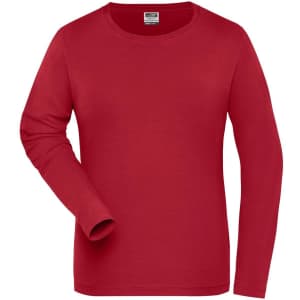 A red long-sleeved shirt with a round neck and a logo on the label.