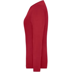 A red long-sleeved women's t-shirt with a fitted design and a subtle logo.