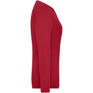A red long-sleeved women's shirt displayed from the side. The shirt features a fitted design and has a logo.
