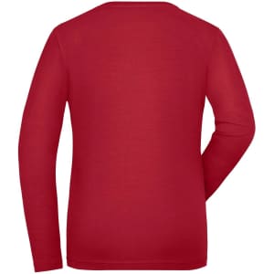 A red long-sleeved t-shirt with a plain back and a fitted style. The shirt features a logo on the neckline.
