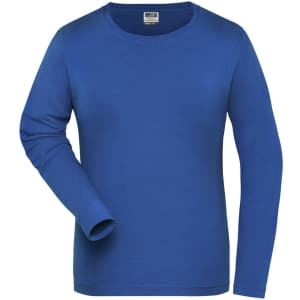 A blue long sleeve T-shirt made from BIO stretch fabric, featuring a logo.