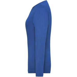 A blue long-sleeve t-shirt with a fitted design and a ribbed neckline, featuring a logo.