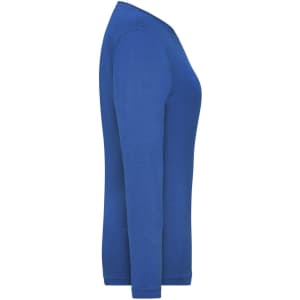 A blue long-sleeve women's t-shirt displayed from the side, featuring a simple design and a logo.