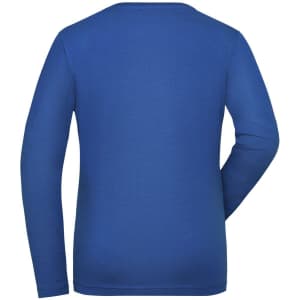 A blue long-sleeve women's t-shirt with a plain back and no visible logos or branding.