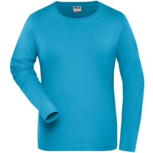 A turquoise long-sleeve T-shirt with a round neckline and a logo on the label.