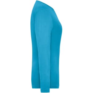 A turquoise long sleeve women's t-shirt featuring a fitted design and an attached logo.