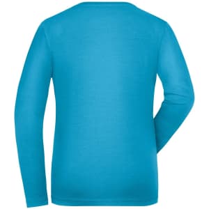 A long-sleeved t-shirt in bright blue with a plain back view. Features a logo on the label.