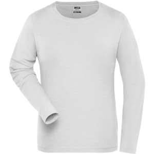 A white long-sleeve t-shirt with a round neckline and one sleeve visible. It features a logo on the label.