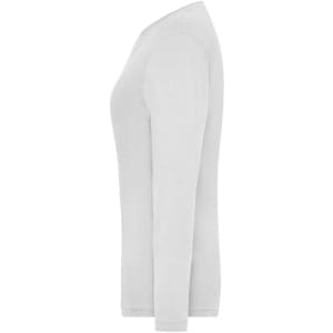 A long-sleeve white T-shirt displayed from the side, featuring a fitted design and a logo.