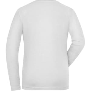 A white long-sleeved T-shirt with a plain back and a logo.