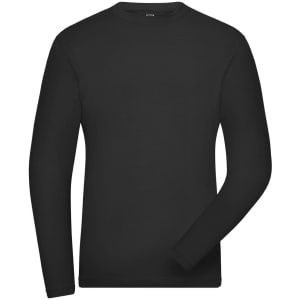 A long-sleeve black t-shirt with a round neckline and a fitted style, featuring a logo on the label.