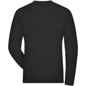 A black long-sleeved men's T-shirt with a plain back and a logo.