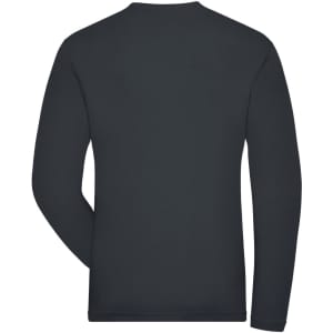 A black long-sleeved t-shirt featuring a round neck and a logo on the back.