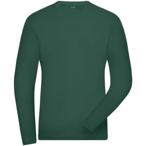 A long-sleeved, dark green t-shirt with a plain design, featuring a logo on the chest area.