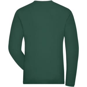 A green long-sleeve shirt with a plain back, featuring a logo on the upper back.