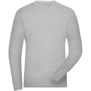 A grey long-sleeve t-shirt with a crew neck and a logo on the chest area.
