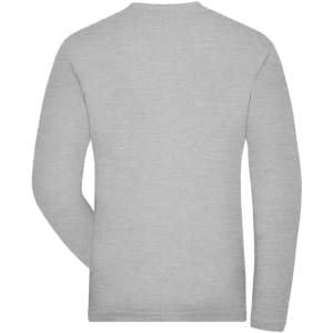 A grey long-sleeve t-shirt featuring a plain back design and a subtle branding logo.