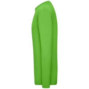 A bright green long-sleeve T-shirt with a fitted design and a logo on the front.