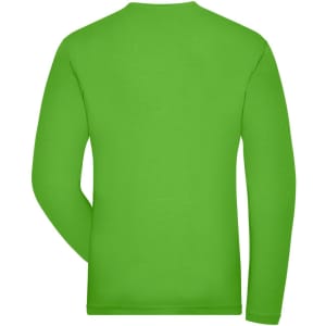 A long-sleeved men's T-shirt in bright green, featuring a simple design and a logo on the back.