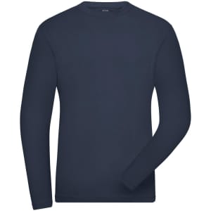 A long-sleeved navy blue t-shirt with a fitted style, featuring a branding logo on the label.