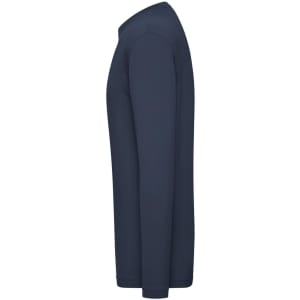 A navy long-sleeve t-shirt with a fitted design, featuring a logo on the side.