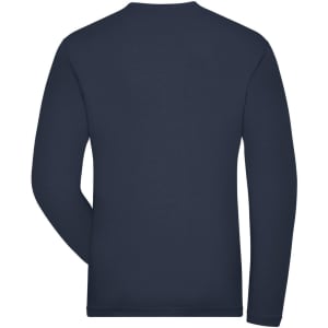 A long-sleeve navy t-shirt featuring a plain back design and a branding logo.