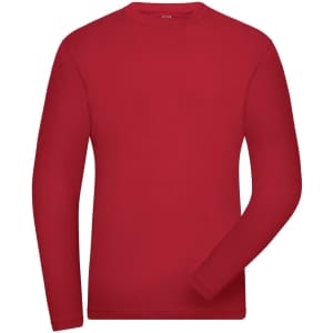 A red long-sleeve t-shirt for men, featuring a fitted design and a subtle logo.