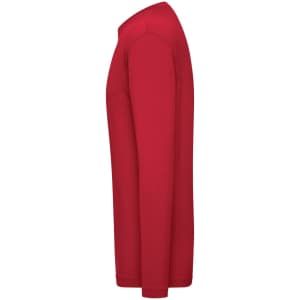 A red long-sleeve T-shirt featuring a simple design and a logo on the side.
